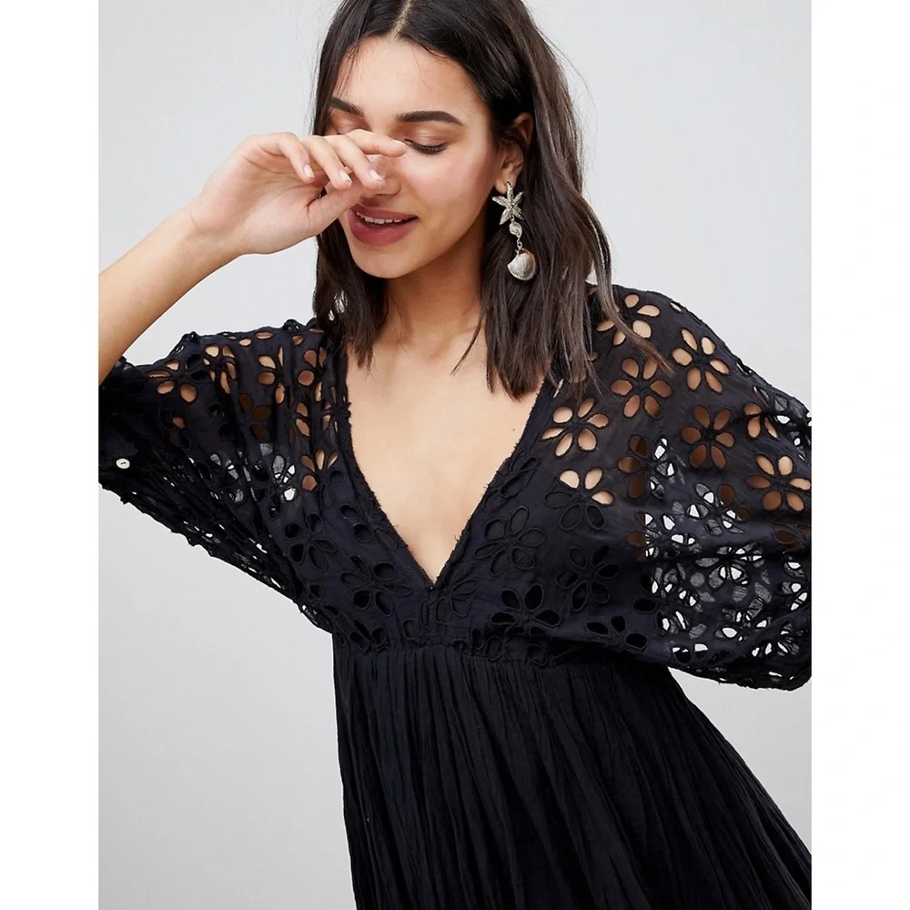 Free People Bella Notte Black Eyelet Mini Dress - Picture 3 of 16